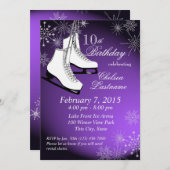 アイススケートとスノーフレークスパープル誕生日 招待状 (正面/裏面)