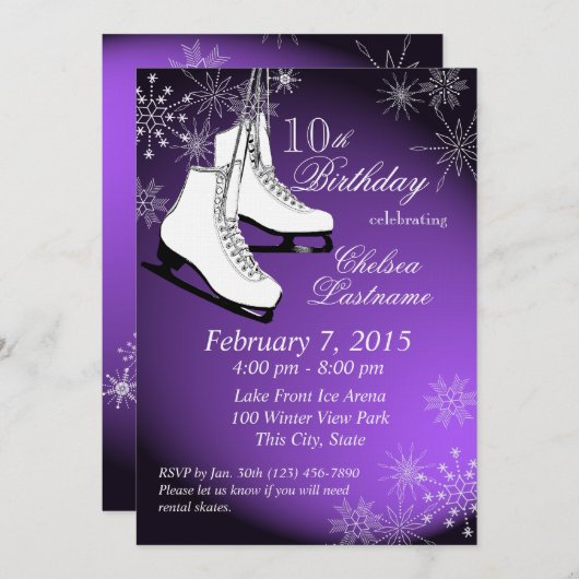 アイススケートとスノーフレークスパープル誕生日 招待状 (正面/裏面)