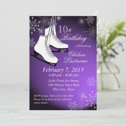 アイススケートとスノーフレークスパープル誕生日 招待状 (スタンド正面)