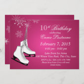 アイススケートとスノーフレークスピンク誕生日 招待状 (正面/裏面)