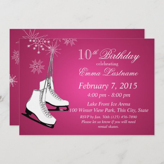 アイススケートとスノーフレークスピンク誕生日 招待状 (正面/裏面)