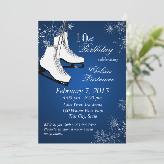 アイススケートとスノーフレークスブルー誕生日 招待状 (スタンド正面)
