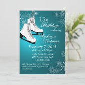 アイススケートとスノーフレークティール(緑がかった色)誕生日 招待状 (スタンド正面)