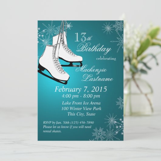 アイススケートとスノーフレークティール(緑がかった色)誕生日 招待状 (スタンド正面)