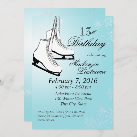 アイススケートとスノーフレーク誕生日 招待状 (正面/裏面)