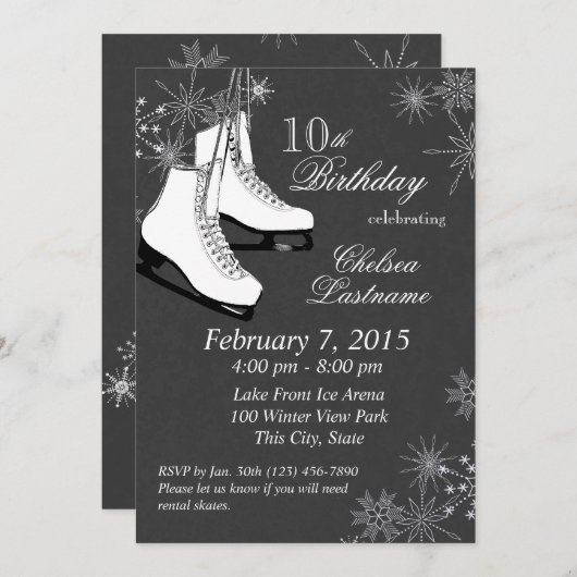 アイススケートとスノーフレーク誕生日 招待状 (正面/裏面)