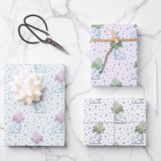 アイススケートと雪の結晶クリスマス ラッピングペーパーシート (正面)