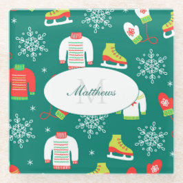 アイススケートと雪片ティール（緑がかった色）モノグラムパターン ガラスコースター