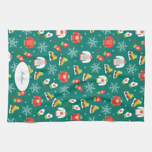 アイススケートと雪片ティール(緑がかった色)モノグラムパターン キッチンタオル (横)