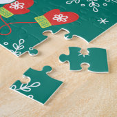 アイススケートと雪片ティール(緑がかった色)モノグラムパターン ジグソーパズル (側面)