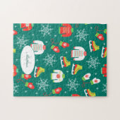 アイススケートと雪片ティール(緑がかった色)モノグラムパターン ジグソーパズル (横)