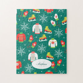 アイススケートと雪片ティール（緑がかった色）モノグラムパターン ジグソーパズル