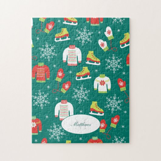 アイススケートと雪片ティール(緑がかった色)モノグラムパターン ジグソーパズル (縦)