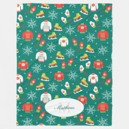 アイススケートと雪片ティール（緑がかった色）モノグラムパターン フリースブランケット