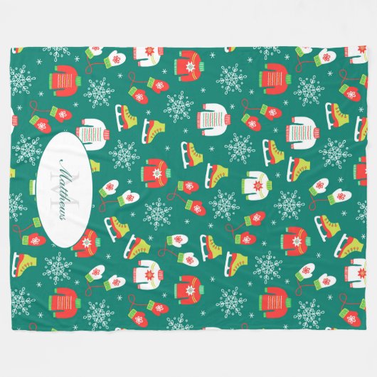 アイススケートと雪片ティール(緑がかった色)モノグラムパターン フリースブランケット (正面(横))