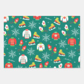 アイススケートと雪片ティール(緑がかった色)モノグラムパターン ラッピングペーパーシート (正面)