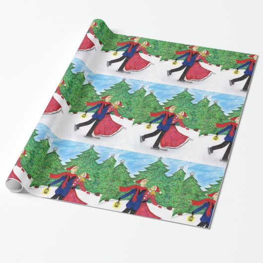 アイススケートのクリスマスの包装紙 ラッピングペーパー (アンロールド)