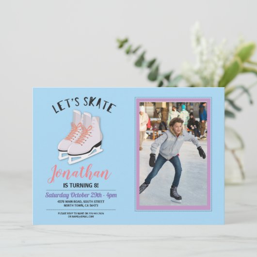 アイススケートのスケートの青い写真の誕生会の招待 招待状 (スタンド正面)