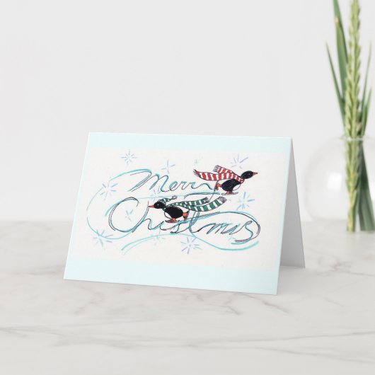 アイススケートのペンギンのクリスマス シーズンカード (正面)