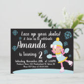 アイススケートの女の子の誕生日青い雪の結晶パーティー 招待状 (スタンド正面)