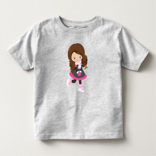 アイススケートの女の子、かわいい女の子、茶色の髪、スカーフ トドラーTシャツ (正面)