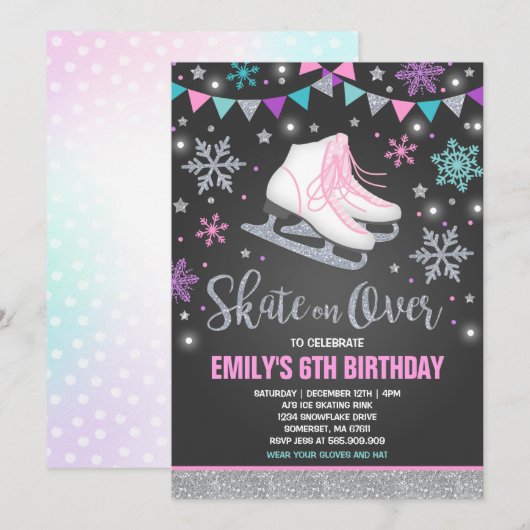 アイススケートの招待状 アイススケートパーティー シルバー 招待状 (正面/裏面)