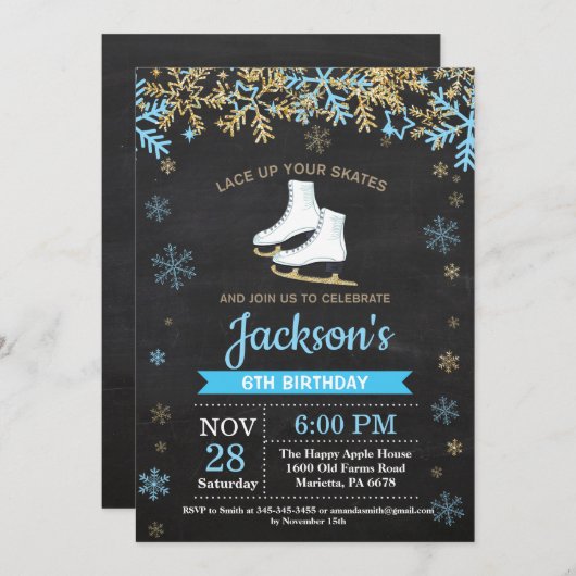 アイススケートの誕生会の青いスケートの招待状 招待状 (正面/裏面)