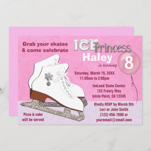 アイススケートの誕生日の招待状のピンクの氷のプリンセス 招待状 (正面/裏面)