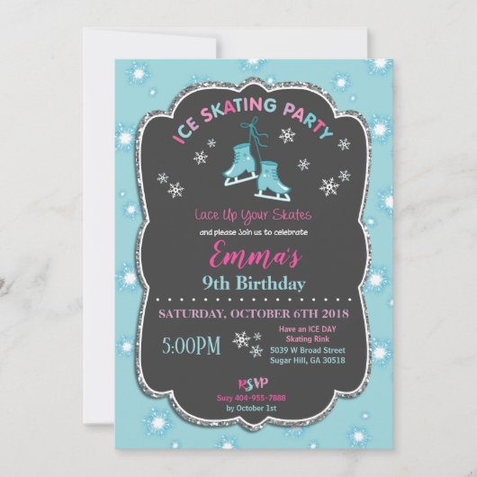 アイススケートの誕生日の招待状の女の子 招待状 (正面)