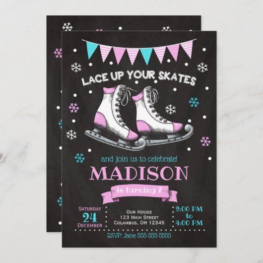 アイススケートの誕生日の招待状/女の子/ピンクのティール（緑がかった色） 招待状 (正面/裏面)