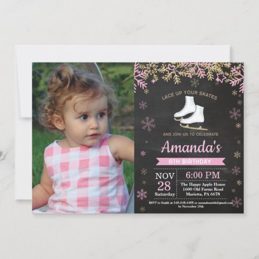 アイススケートの誕生日パーティー ピンクのスケートの写真 招待状 (正面)