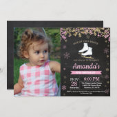 アイススケートの誕生日パーティー ピンクのスケートの写真 招待状 (正面/裏面)