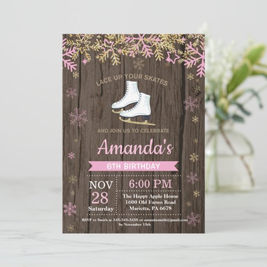 アイススケートの誕生日パーティー ピンクのスケート招待状 招待状 (スタンド正面)