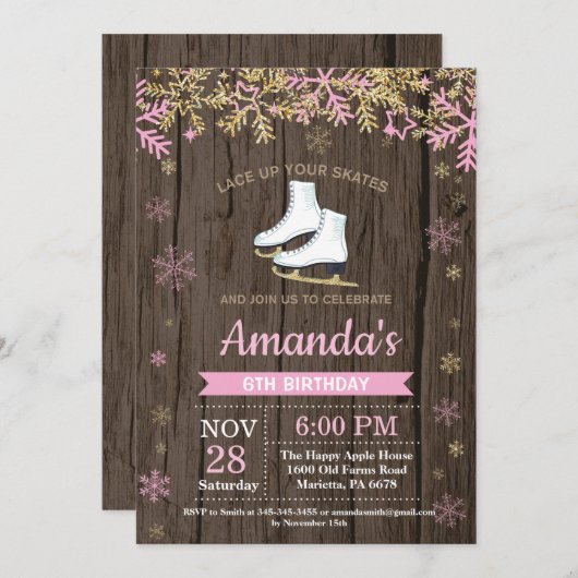 アイススケートの誕生日パーティー ピンクのスケート招待状 招待状 (正面/裏面)