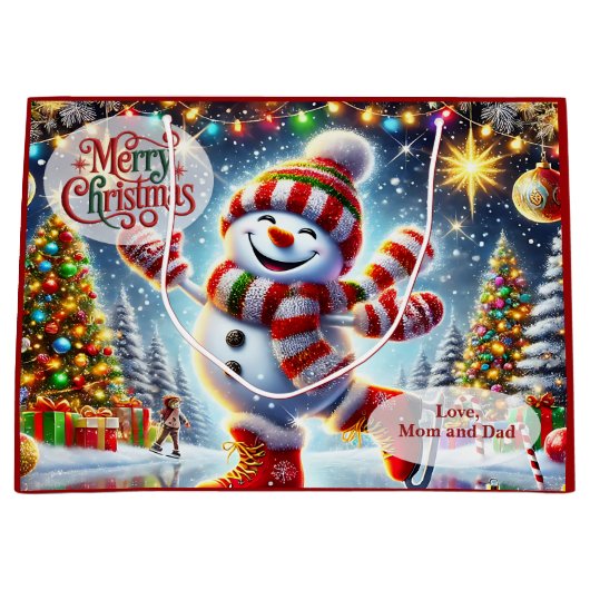 アイススケートの雪だるまクリスマス ラージペーパーバッグ (正面)