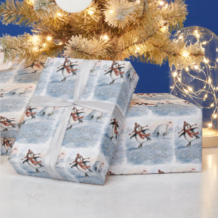 アイススケートをするクリスマスのペンギン ラッピングペーパー