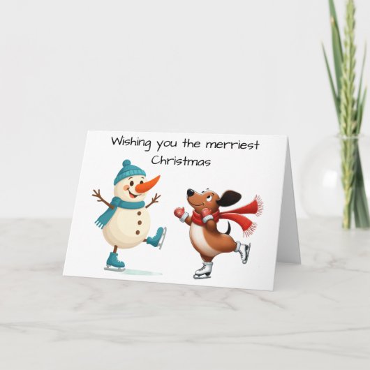 アイススケートをするダックスフントのクリスマスカード サンキューカード (正面)
