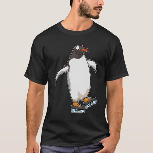 アイススケートをするペンギンとスケート靴 Tシャツ (正面)
