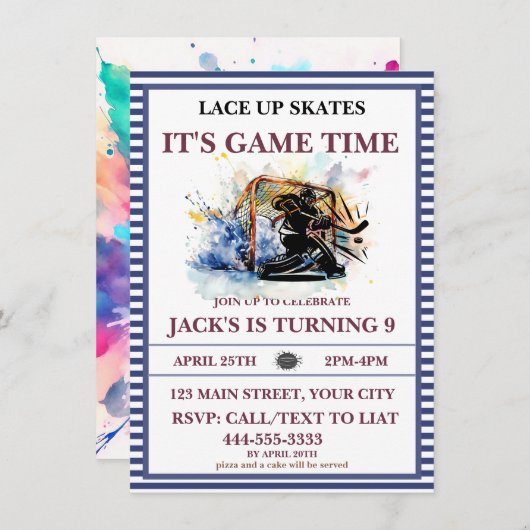 「アイススケートを履いて、ゲーム開始!」アイスホッケー 招待状 (正面/裏面)