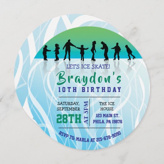 アイススケートアイススケートで滑る誕生日パーティーの招待 招待状 (正面/裏面)