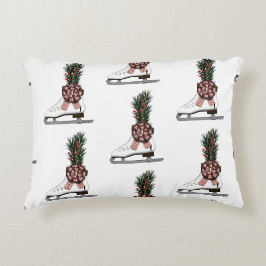 アイススケートクリスマスデコレーションとタータンチェックボウ アクセントクッション (正面)