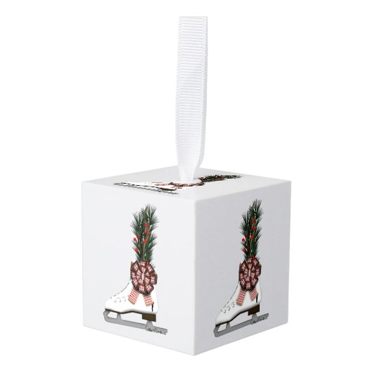 アイススケートクリスマスデコレーションとタータンチェックボウ キューブオーナメント (正面アングル)