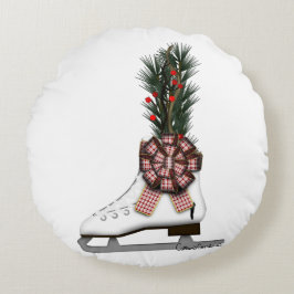 アイススケートクリスマスデコレーションとタータンチェックボウ ラウンドクッション