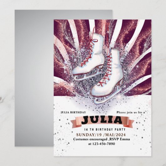 アイススケートスケートで滑るシルバーシャイニーパープルバイオレット 招待状 (正面/裏面)