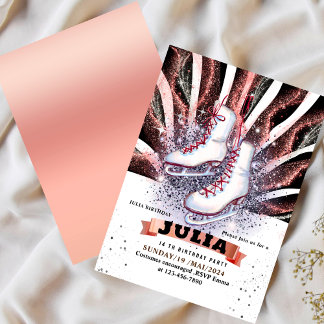 アイススケートスケートで滑るシルバーシャイニーピンクブラック 招待状