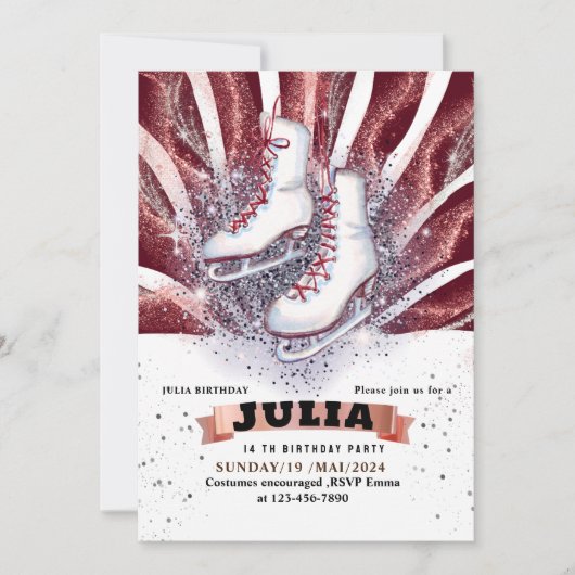 アイススケートスケートで滑る銀光沢の茶色の赤 招待状 (正面)