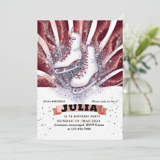 アイススケートスケートで滑る銀光沢の茶色の赤 招待状 (スタンド正面)