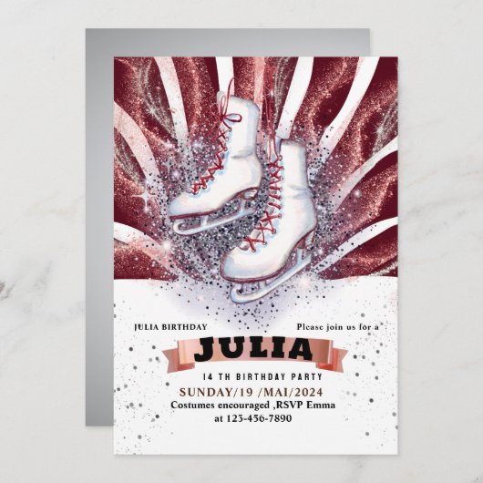 アイススケートスケートで滑る銀光沢の茶色の赤 招待状 (正面/裏面)