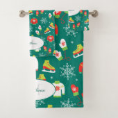 アイススケートスノーフレークティール(緑がかった色)モノグラムパターン バスタオルセット (インサイチュ)