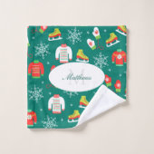 アイススケートスノーフレークティール(緑がかった色)モノグラムパターン バスタオルセット (ウォッシュタオル)